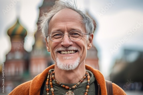Headshot portrait photography of a joyful mature man wearing a delicate necklace in front of the saint basils cathedral in moscow russia. With generative AI technology