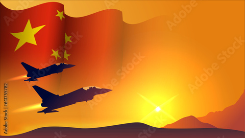 fighter jet plane with china waving flag background design with sunset view suitable for national china air forces day event