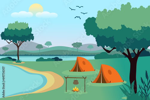 Summer camp in forest with tent and bonfire. Mountains, tree, lake, and sun in background. Vector illustration.