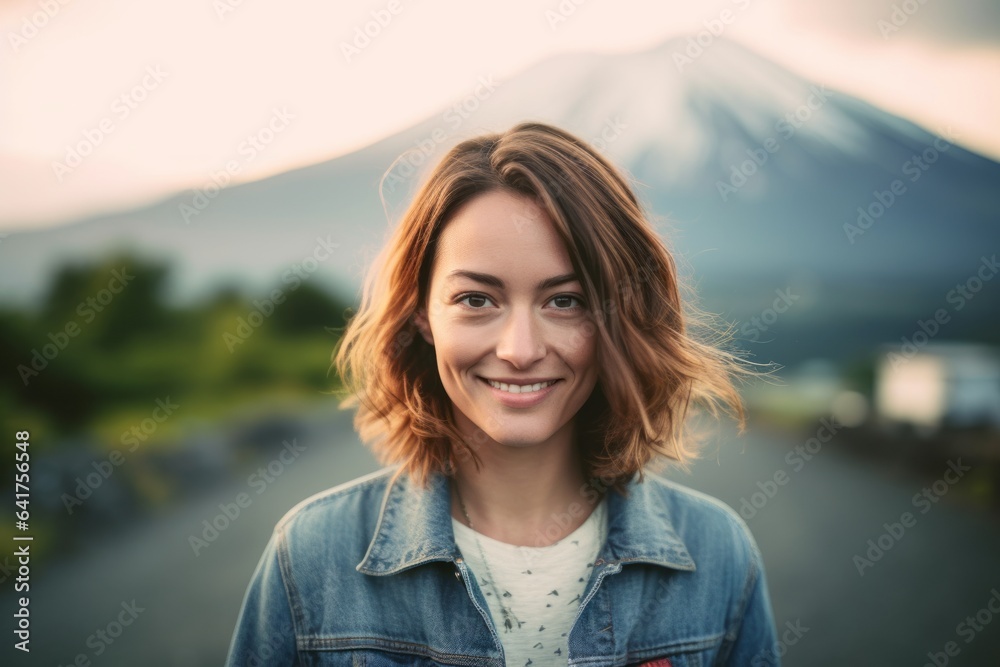 Headshot portrait photography of a happy girl in her 40s wearing a cute crop top near the mount fuji in honshu island japan. With generative AI technology