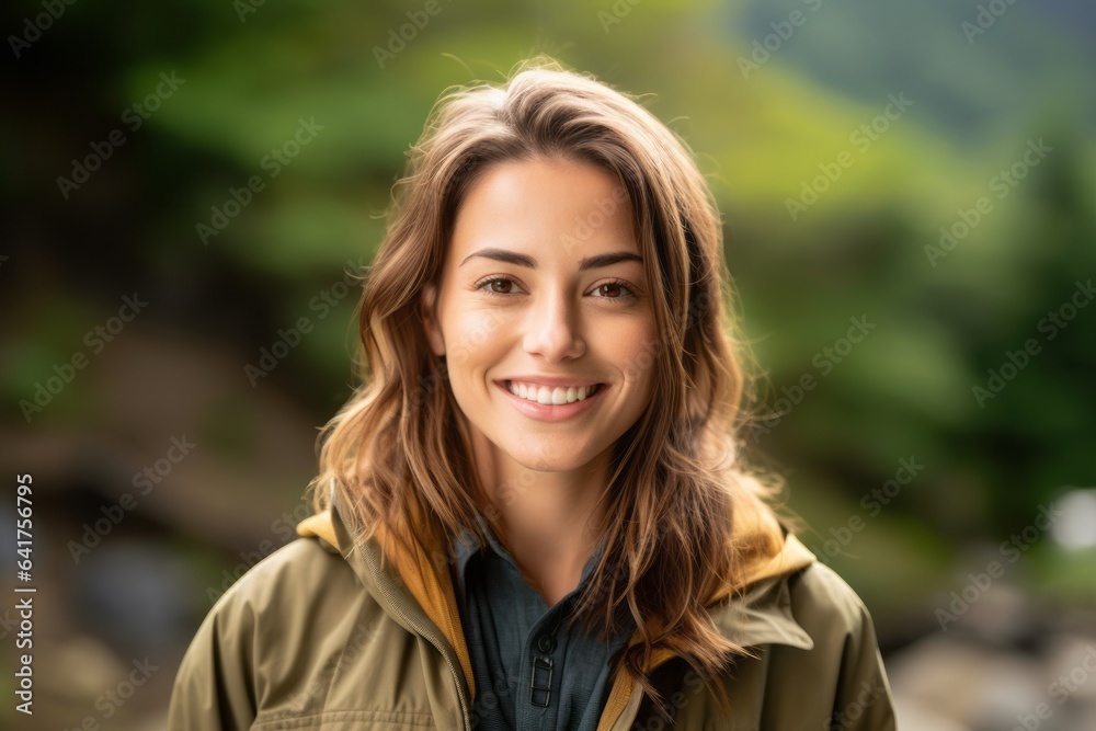 Headshot portrait photography of a happy girl in her 30s wearing a vented fishing shirt near the mount fuji in honshu island japan. With generative AI technology Headshot portrait photography of a happy girl in her 30s wearing a vented fishing shirt near the mount fuji in honshu island japan. With generative AI technology