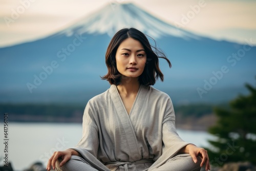 Photography in the style of pensive portraiture of a grinning girl in her 30s wearing a comfortable yoga top near the mount fuji in honshu island japan. With generative AI technology