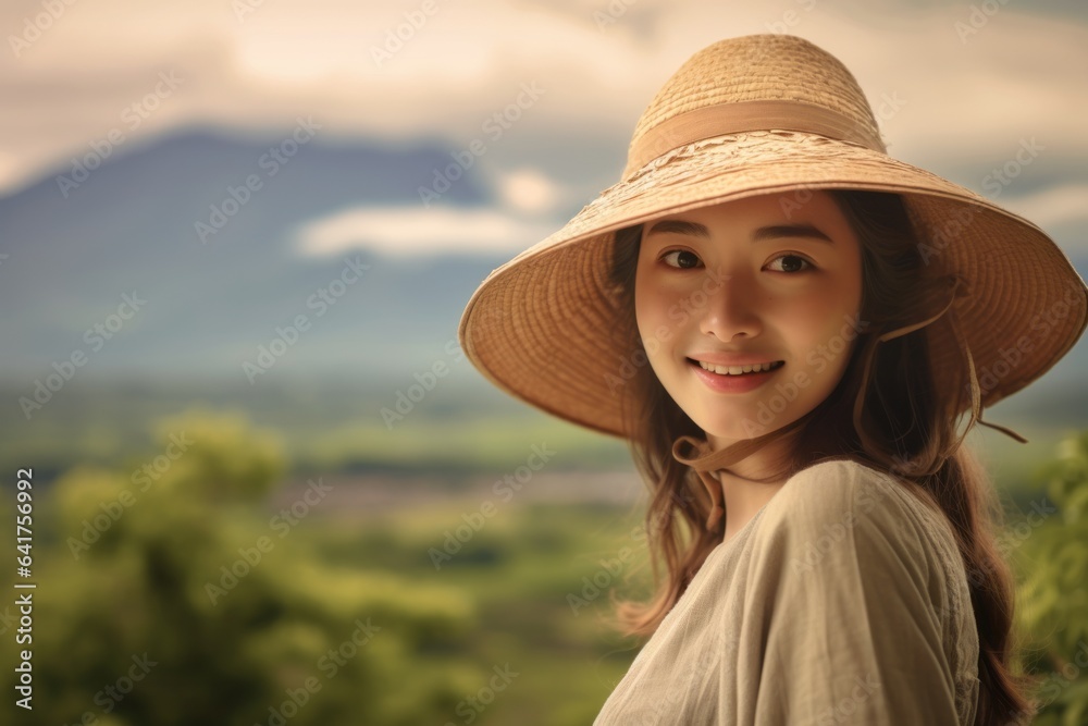 Environmental portrait photography of a grinning girl in his 20s wearing a whimsical sunhat near the mount fuji in honshu island japan. With generative AI technology