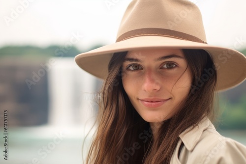 Close-up portrait photography of a merry girl in her 20s wearing a classic fedora at the niagara falls in ontario canada. With generative AI technology © Markus Schröder