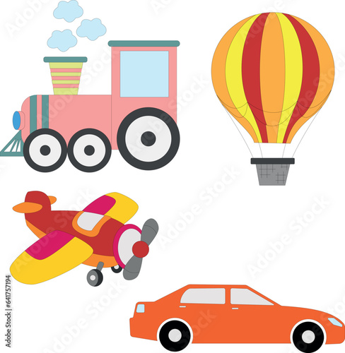 colorful transportation clipart set in doodle style for kids and children includes 4 vehicles