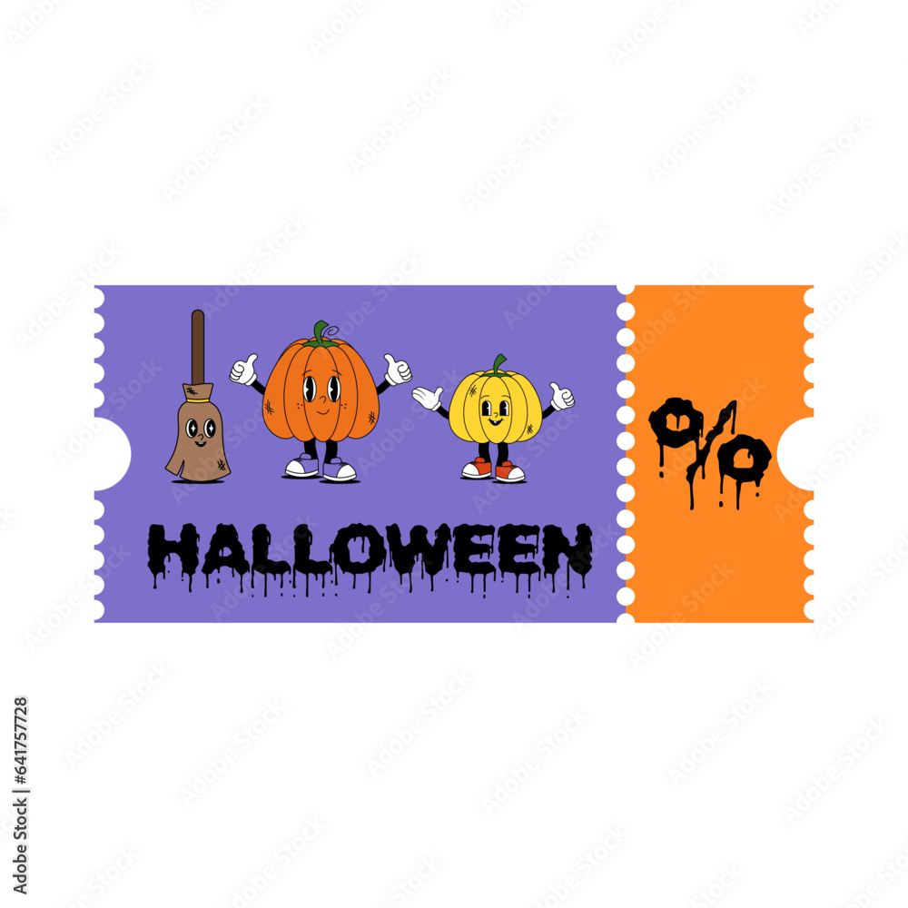 Groovy retro halloween characters. Funky design for sale voucher, ticket and discount coupon. Happy Halloween. Trendy vintage cartoon style vector illustration.