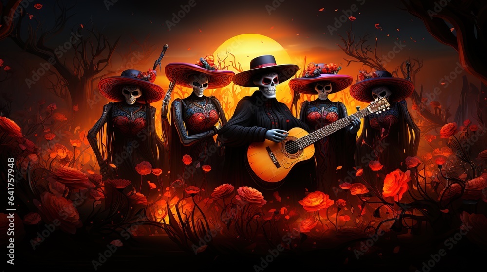 Day of the dead generates single guitar cartoon illustrations of skeletons and flowers,AI generated. Day of the dead generates single guitar cartoon illustrations of skeletons and flowers,AI generated.