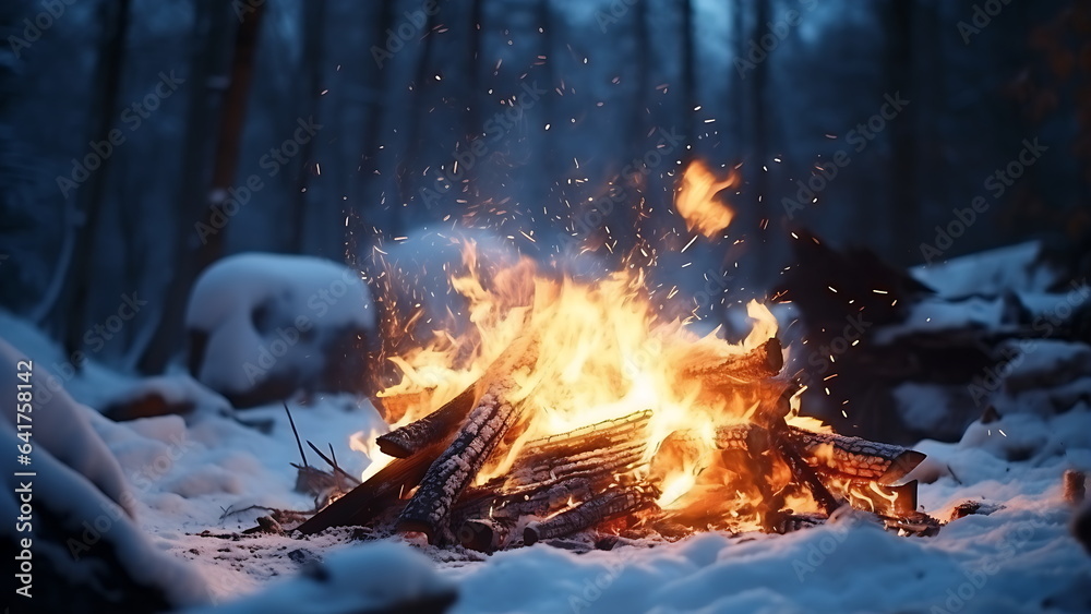 Campfire burning in cold winter. Concept of hiking and active recreation. Campfire burning in cold winter. Concept of hiking and active recreation.
