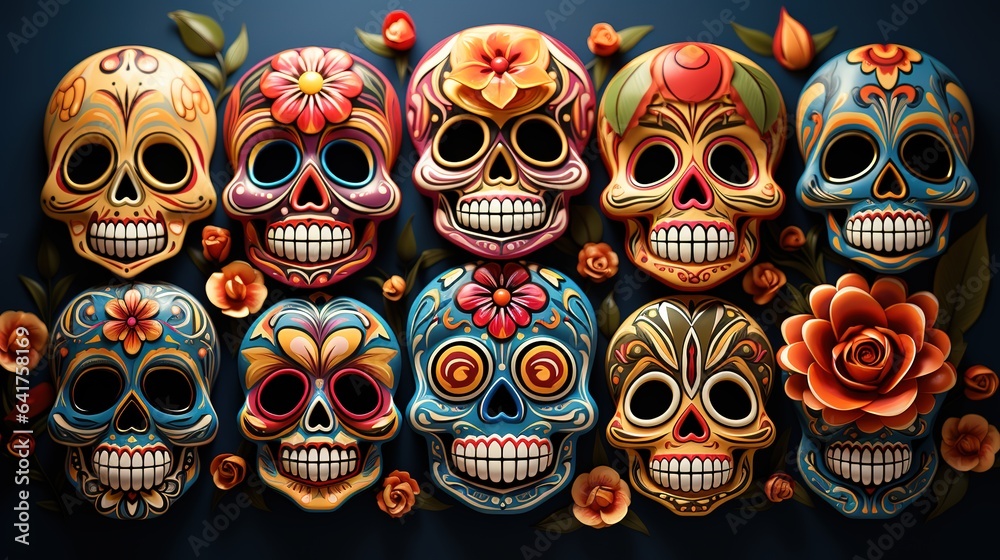 Day of the dead generates single guitar cartoon illustrations of skeletons and flowers,AI generated. 