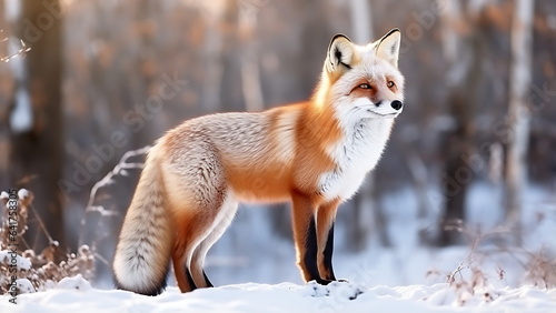 Fox in winter forest meadow. Fox in winter nature. © Art.disini