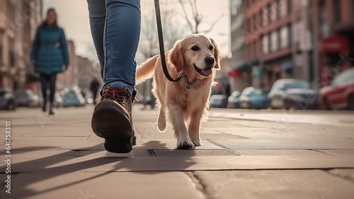 Dog walking on the sidewalk with a woman.