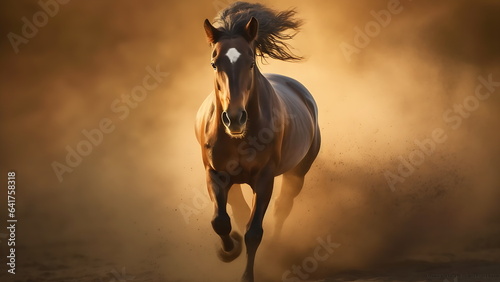 A horse galloping through a field  captured from a low angle that showcases its strength and beauty.