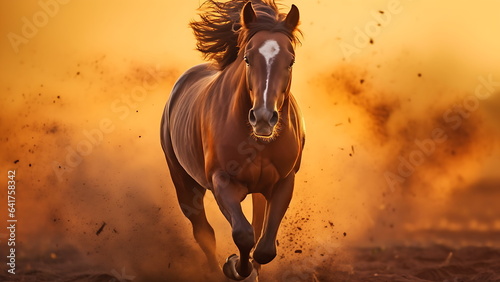A horse galloping through a field, captured from a low angle that showcases its strength and beauty. © Art.disini