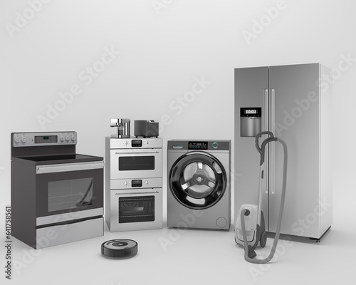 Home appliances, Refrigerator, microwave, stove, microwave, oven, vacuum cleaner, coffee machine, toaster and washing machine, 3d rendering.
