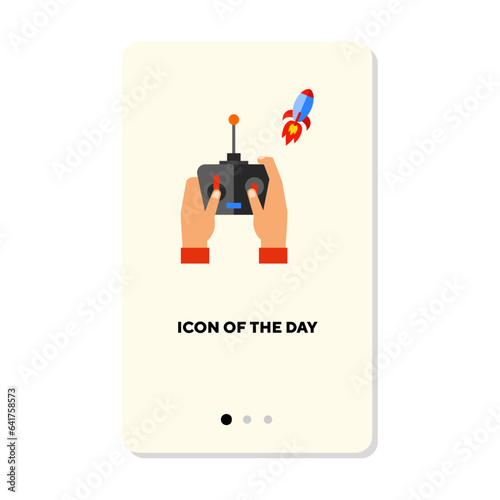 Man playing radio controlling rocket isolated on white. Hobby and leisure cartoon illustration. Relaxing and activity concept. Vector illustration symbol elements for web design and apps