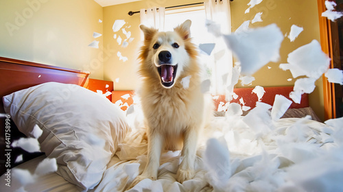 A joyful dog wags its tail beside a torn pillow—a playful mishap turned happy accident. Happiness in chaos, canine charm.