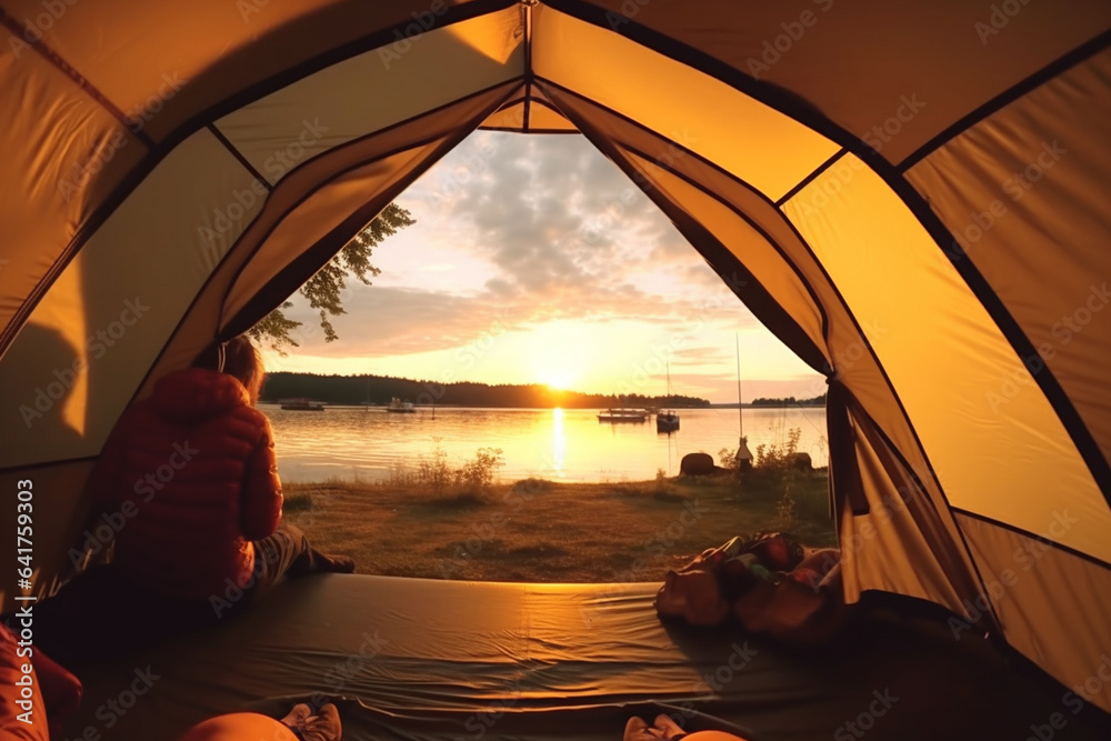 Young woman sitting in tent and looking at lake at sunset. Camping concept