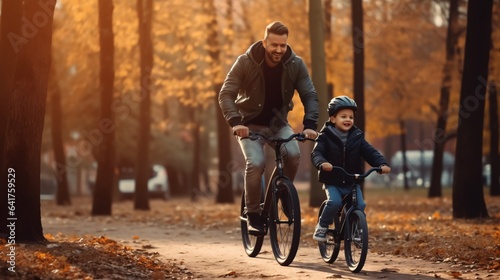 Happy parent and child enjoy their first bike ride in the park
