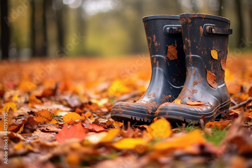 Rubber boots istanding in colorful autumn leaves