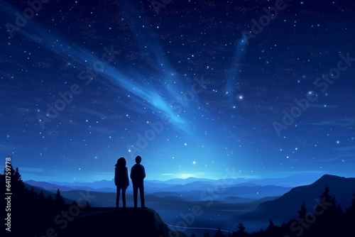 Silhouette of a man and a woman standing on a rock looking at the starry sky
