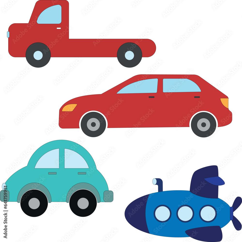 Naklejka premium colorful doodle transportation clipart collection in cartoon style for kids and children includes 4 vehicles