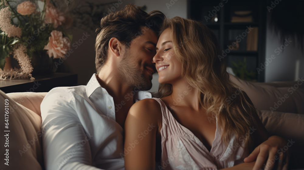 Candid portrait of a happy married pair in their cozy apartment.