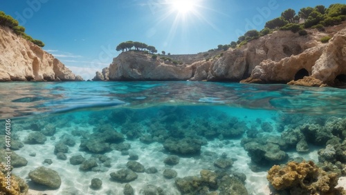 Mediterranean beach with sunlight calm sea
