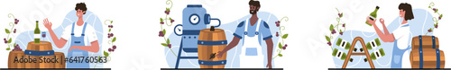 Set of different cartoon characters making wine from organic grapes. Female checking quality of wine in bottles. Young people dealing with winemaking process. Vector flat illustration