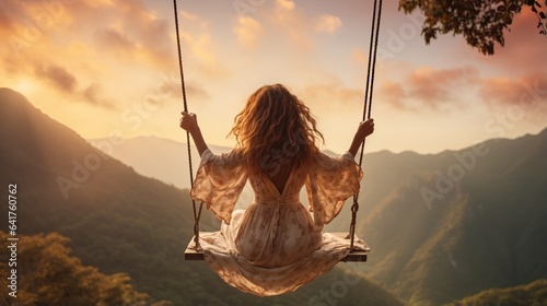 With arms outstretched, a joyful woman wanderer swings playfully in the midst of breathtaking scenery, relishing the freedom and blissful experiences of life.