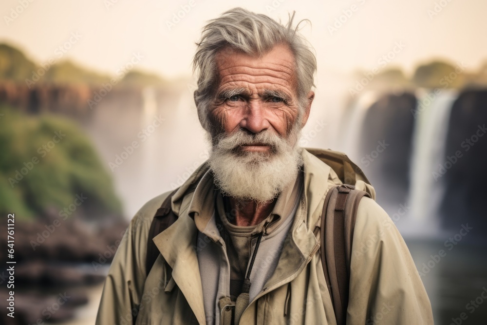 Environmental portrait photography of a merry mature man wearing a water-resistant gilet at the victoria falls in livingstone zambia. With generative AI technology