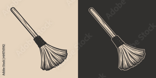 Vintage retro Halloween broom witch element. Monochrome Graphic Art. Vector. Hand drawn element in engraving. style