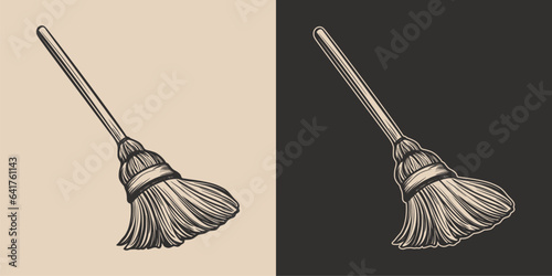 Vintage retro Halloween broom witch element. Monochrome Graphic Art. Vector. Hand drawn element in engraving. style