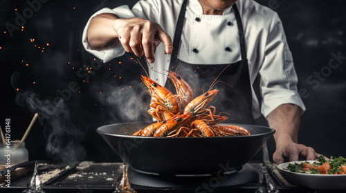 Dark setting frames a tiger prawn being cooked by a chef in an apron..