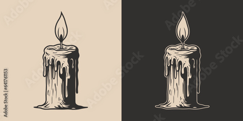 Vintage retro Halloween light candle horror element. Monochrome Graphic Art. Vector. Hand drawn element in engraving. style