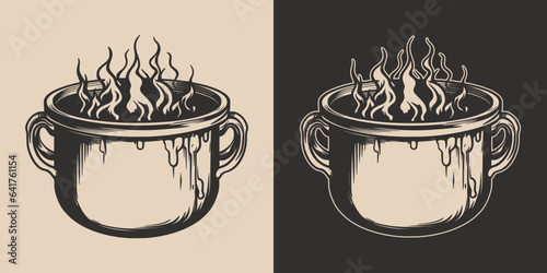 Vintage retro Halloween cauldron pan element . Monochrome Graphic Art. Vector. Hand drawn element in engraving. style
