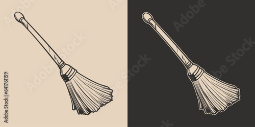 Vintage retro Halloween broom witch element. Monochrome Graphic Art. Vector. Hand drawn element in engraving. style