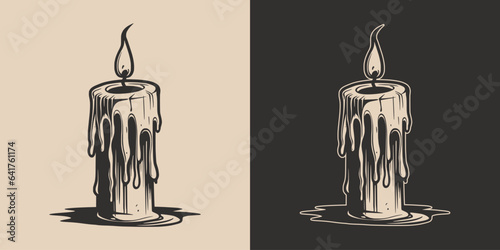 Vintage retro Halloween light candle horror element. Monochrome Graphic Art. Vector. Hand drawn element in engraving. style