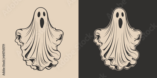 Vintage retro Halloween ghost character cartoon spooky scary horror element. Monochrome Graphic Art. Vector. Hand drawn element