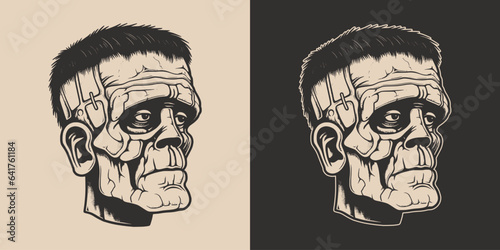 Vintage retro Halloween zombie dead frankenstein character face portrait. spooky scary horror element. Monochrome Graphic Art. Vector. Hand drawn element engraving