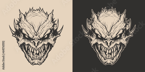 Vintage retro Halloween monster beast spooky scary horror element. Monochrome Graphic Art. Vector. Hand drawn element in engraving. style