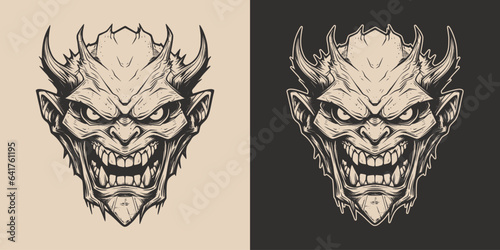 Vintage retro Halloween monster beast spooky scary horror element. Monochrome Graphic Art. Vector. Hand drawn element in engraving. style