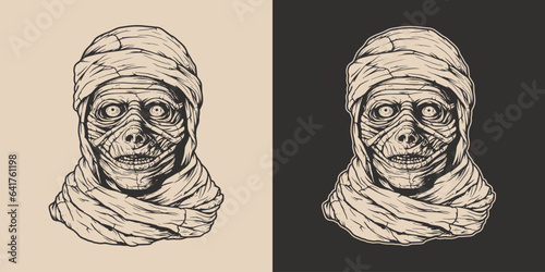 Vintage retro Halloween mummy character face portrait. spooky scary horror element. Monochrome Graphic Art. Vector. Hand drawn