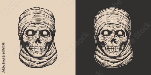 Vintage retro Halloween mummy character face portrait. spooky scary horror element. Monochrome Graphic Art. Vector. Hand drawn