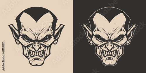 Vintage retro Halloween vampire dracula character face portrait. spooky scary horror element. Monochrome Graphic Art. Vector. Hand drawn element in engraving.