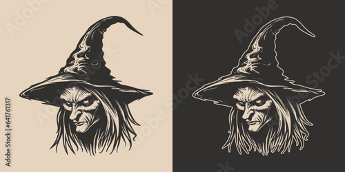 Vintage retro Halloween witch magic wisard female girl woman spooky scary horror element. Monochrome Graphic Art. Vector. Hand drawn element in engraving. style