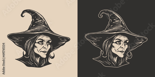 Vintage retro Halloween witch magic wisard female girl woman spooky scary horror element. Monochrome Graphic Art. Vector. Hand drawn element in engraving. style