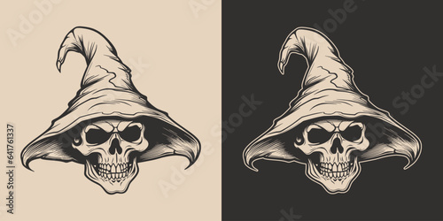 Vintage retro Halloween witch skull wisard in hat. Monochrome Graphic Art. Vector. Hand drawn element in engraving. style