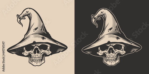 Vintage retro Halloween witch skull wisard in hat. Monochrome Graphic Art. Vector. Hand drawn element in engraving. style