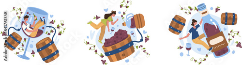 Young man in wineglass drink alcohol beverage. Female looking at wine making process. Lady ready to drink wine. Vector flat illustration in cartoon style in blue and red colors