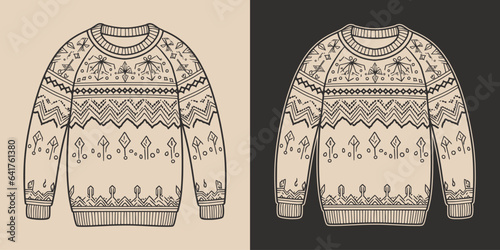 Vintage retro xmas christmas ugly cozy hipster sweater pullover cloth. Can be used for logo or decoration. Monochrome Graphic Art. Vector. Hand drawn element in engraving. illustration